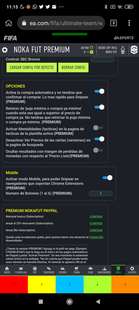 Botones de NokaFut en la Web App, en un móvil Android