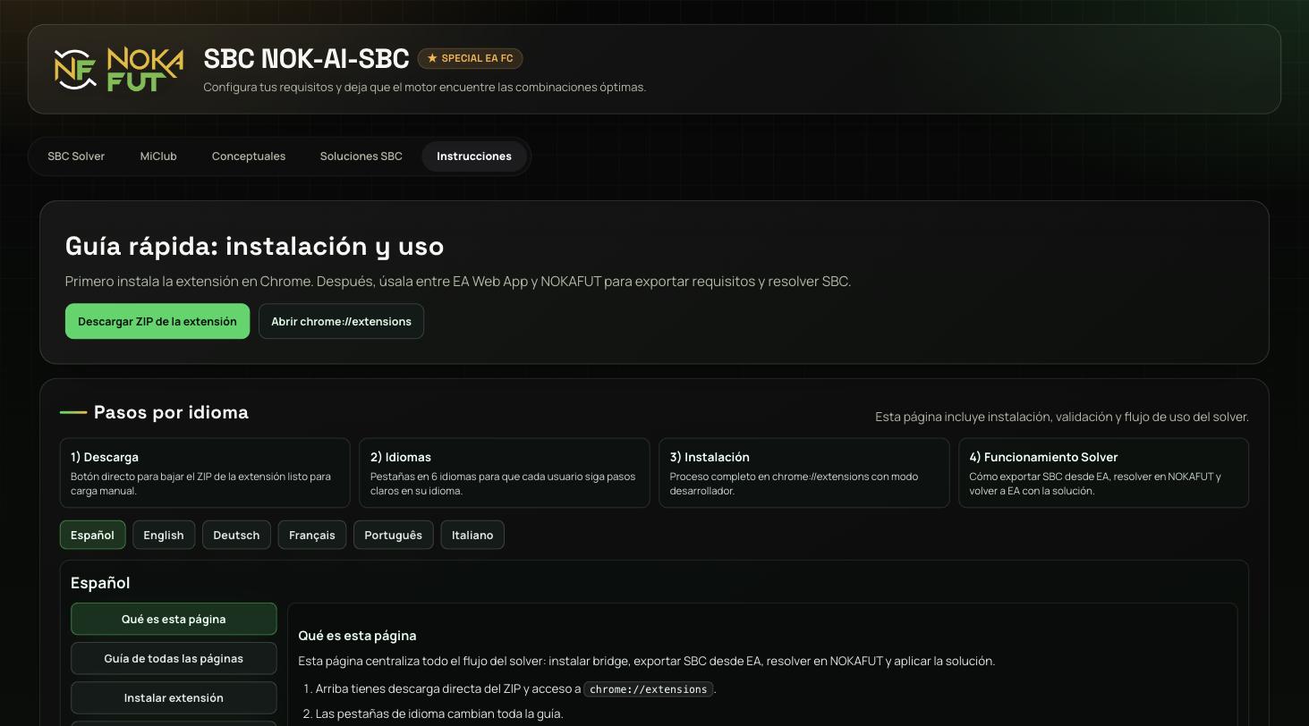Página de instrucciones del SBC NOK-AI-SBC - Guía rápida de instalación y uso con botón para descargar la extensión ZIP