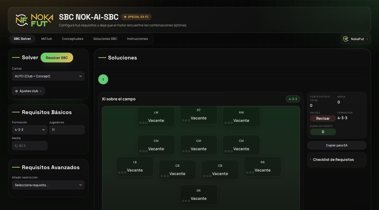 Interfaz principal del SBC Solver NOK-AI-SBC de NOKAFUT - Vista del solver con requisitos básicos y campo de soluciones